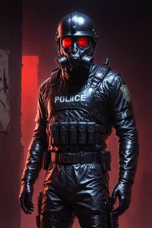 Score_9, Score_8_up, Score_7_up, volumetric_lighting, captivating,  waist-up_portrait, grbtw artstyle, faceless_man, police, (((helmet_with_gasmask))), (modern_black_armor, red_lenses, red_glow, kevlar, stylized, cinematic_scene, thriller_theme, standing_in_a_doorframe, raising_a_hand), darkness, solo,  desolate_station_interior, retro_anime, british