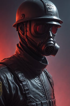 Score_9, Score_8_up, Score_7_up, volumetric_lighting, captivating,  waist-up_portrait, grbtw artstyle, faceless_man, standing_in_a_doorframe, (police), (((helmet_with_gasmask))), (modern_black_armor, red_lenses, red_glow, kevlar, stylized, cinematic_scene, thriller_theme), darkness, desolate_interior, solo, retro_anime, british