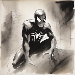 sketch, monochrome,  marvel spiderman looking at the viewer 