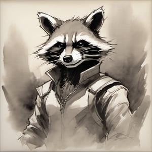 sketch, monochrome, Marvel Rocket Raccoon, looking at the viewer ,