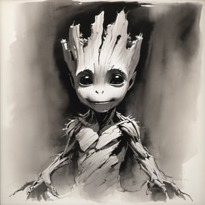 sketch, monochrome, Marvel Young Groot, looking at the viewer ,