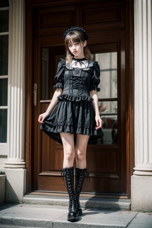 ((​masterpiece、top-quality)), (Photorealistic photography:1.4), (gothic lorita:1.5), White Elegance, Highly detailed frills, (intricate detailes),1 persons, femele, 11years old  girl, Mystical Beautiful Girl, Very young face, perfect anatomia, perfectly proportions, face perfect, Strong gothic makeup, Whitewashed face, Purple Lipstick, Purple eyeshadow, (Heavy makeup:1.4), Pathological beauty, Bright on the face, Details of face, serious faces, blondehair, Long straight hair, Parting aligned bangs, Hair that flutters in the wind, Gothic Lolita costume in black and bubblegum pink,Hood of her vertical roll, Black and bubblegum pink miniskirt bulging with panniers, lace-up boots, Very short stature, Very small breasts, Stand cross-legged, um Home Detetive, conceptual art, 真实感, godrays, Cinematographic lighting, canon, high details, hiquality, HD fine, 16K resolution, Full body portrait, full body Esbian,