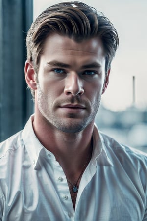 (Best quality, 8k, 32k, Masterpiece, UHD:1.2), 1guy, photo of a handsome Chris Hemsworth wearing a white shirt, great looking, posing , happy, looking at viewer, faint smile, eyes contact, focus, depth of field, film grain, ray tracing, detailed natural real skin texture, visible skin pores, detailed fabric rendering, anatomically correct, (MkmCut)