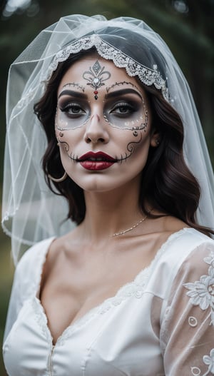 (Best quality, 8k, 32k, Masterpiece, UHD:1.2),   a woman in Catrina make-up, in a white bride dress, veil, ornaments on veil, dia de los muertos, dress and make up, dia de los muertos make up, ((dia de los muertos)), and attractive features, eyes, eyelid,  focus, depth of field, film grain,, ray tracing, ((contrast lipstick)), slim model, detailed natural real skin texture, visible skin pores, anatomically correct, (midnight), night, moonlight cemetary background,  Catrina,(PnMakeEnh)