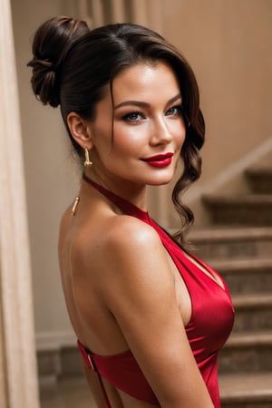 (Best quality, 8k, 32k, Masterpiece, UHD:1.2), half body potrait of a woman, a pretty Catherine Zeta-Jones ,posing for a picture, in a castle stairs, wearing a tight red gown, medium breast,  pretty cleavage in dress, and attractive features, looking at viewer,  eyes, eyelid, leashes, (blackeyeliner), eyes contact,  focus, depth of field, film grain, happy, smile, sun tanned skin, ray tracing, ((contrast lipstick)), detailed natural real skin texture, perfect brunette bun hair,style visible skin pores, anatomically correct,(PnMakeEnh)