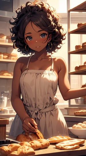 (masterpiece, best quality), Black Girl, black skin, Curly hair, cute baker, Bread making,
