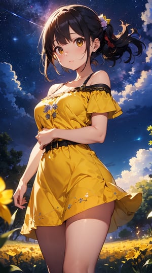 masterpiece、Background with（（Fantastic starry sky、Meteor swarm、Luminescent yellow flowers all over the place、flower field））、About 40 years old、a beauty girl、glamor、huge tit、Great embroidery on a yellow mini dress with a lot of exposed skin、No Shoulder、heavy wind、