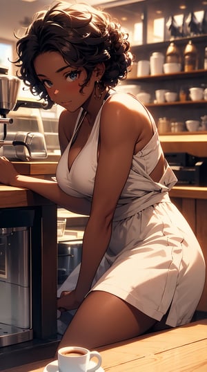 (masterpiece, best quality), Black Girl, black skin, Curly hair, Barista, 