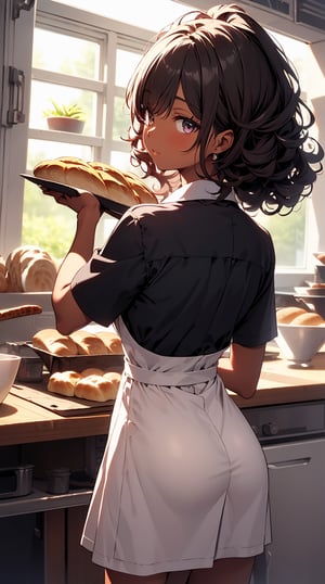 (masterpiece, best quality), Black Girl, black skin, Curly hair, cute baker, Bread making, baker's uniform, back pose,
