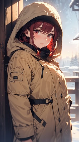 ultra-definition, ​masterpiece, 1girll, 22yo, Korean Girl, soothing tones, muted colors, High contrast, (Natural skin texture, hyperrealism, Soft light, edgy), (short heads, scruffy_heads, dark red heads), wintery, Beige extra long padding, Goose down padding, very long and thick parka,