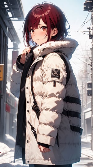 ultra-definition, ​masterpiece, 1girll, 22yo, Korean Girl, soothing tones, muted colors, High contrast, (Natural skin texture, hyperrealism, Soft light, edgy), (short hair, scruffy_hair, dark red hair), wintery, white extra long padding, Goose down padding, very long and thick parka,