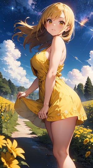 masterpiece、Background with（（Fantastic starry sky、Meteor swarm、Luminescent yellow flowers all over the place、flower field））、About 40 years old、a beauty girl、glamor、huge tit、Great embroidery on a yellow mini dress with a lot of exposed skin、No Shoulder、heavy wind、