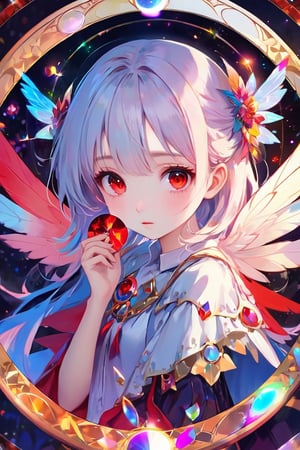 highest quality, extreme detailed, best quality, masterpiece, official art, beautiful and aesthetic:1.2), (1girl), fairy, wings, (kaleidoscope art:1.2), cowboy shot, red eyes, perfec eyes, symetryc eyes, perfec nose, sad expression, With vibrant colors and perfect composition.,Circle,magical circle