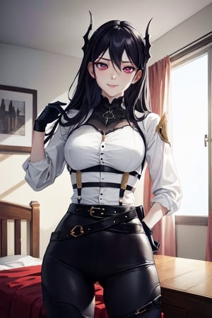 ,masterpiece,extremely detailed, CG, unity, 8k, wallpaper, best quality,32k, , Full HD,(Masterpiece, best quality), (highres, ultra-detailed), (absurdres, perfect anatomy), good hands, perfect face, full quality, bedroom, 1girl, solo, Caera, CCla, cowboy shot, looking at viewer, single pauldron, underbust, collar, halterneck, white shirt, collared shirt, long sleeves, puffy sleeves,  harness, gloves, belt, black pants, strap, toned, large breasts, pose, provocative smile, Control Step 0-0.8,
