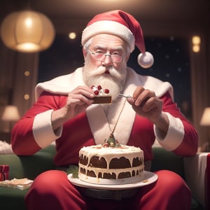 masterpiece best quality, 
1man, santa claus,
eating christmas cake,
christmas, in the sky