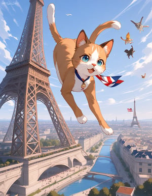 animal cats, flying, high jump, falling, olympic, the eiffel tower,

(masterpiece:1.2), (best quality:1.2), (very aesthetic:1.2), (absurdres:1.2), (detailed background:1.1), newest, safe