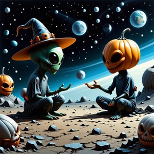 Halloween theme.
Pumpkin-shaped aliens are having a discussion on a planet in space
An alien with a pumpkin head. wearing a wizard's hat