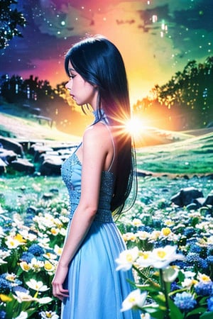 (absurdres, highres, ultra detailed, UHD, cinematic), solo, 1girl, mature, happy, girl standing in light blue flower field, light blue flower petal surrounding girl, full body, blue long hair girl, light blue hair, fantasy, dreamy, snowy, official art, pop art, profile, ultra detailed face, ultra detailed eyes, light blue flower field, ultra detailed field, white blue sky, cold, light blue, white,  nebula in the sky, blue tree, watercolor, pastel color