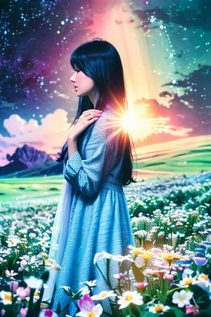 (absurdres, highres, ultra detailed, UHD, cinematic), solo, 1girl, mature, happy, girl standing in light blue flower field, light blue flower petal surrounding girl, full body, blue long hair girl, light blue hair, fantasy, dreamy, snowy, official art, pop art, profile, ultra detailed face, ultra detailed eyes, light blue flower field, ultra detailed field, white blue sky, cold, light blue, white,  nebula in the sky, blue tree, watercolor, pastel color,iu