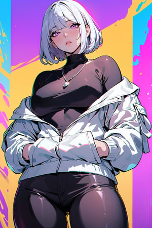 ((masterpiece, best quality, highres, 8k)), extremely detailed illustration, fine detailed, perfect face, 1girl, voluptuous body, tall, medium breasts, curvy hips, thick thighs, white hair, bob haircut, purple eyes, mole_under_eye, looking at viewer, white hoodie, hoodie down, hat, black jeans, black shirt underneath hoodie, necklace, splash color background, ((depth of field)), [anime_screencap], 64k high quality