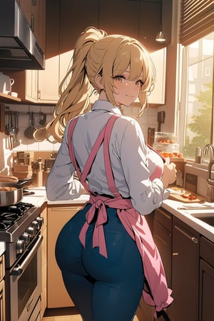 ((masterpiece, best quality, highres, 8k CG unity)), extremely detailed illustration, perfect face, [anime_screencap], looking at viewer, 1girl, blond hair, long hair, ponytail, bangs, white shirt, pink apron, blue pants, yellow eyes,  heart shaped butts, big breasts, curvy hips, viewed_from_behind, slight smile, ((kitchen)), cooking, breakfast, fire on the stove, cups and dishes rack, oven, high contrast, vibrant, scenary, uhd, enchanting beauty, by masashi kishimoto