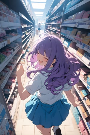 ((masterpiece, best quality, highres, 8k CG unity)), extremely detailed illustration, perfect face, [anime_screencap], niji6, [from above], looking at viewer, 1girl, purple hair, long curly hair, bangs, white shirt, blue skirt, chibi, running posture, closed eyes, open mouth, smiling, laughing, ((convenience store)), ((viewed_from_behind:1.3)), ceilling light, shelves full of candy, shiny and clean floor, bokeh, cinematic, high contrast, vibrant, scenary, uhd, enchanting beauty, by masashi kishimoto and makoto shinkai, serenity 