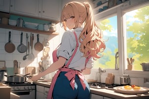 ((masterpiece, best quality, highres, 8k CG unity)), extremely detailed illustration, perfect face, [anime_screencap], looking at viewer, 1girl, blond hair, long hair, ponytail, bangs, white shirt, pink apron, blue pants, yellow eyes,  heart shaped butts, big breasts, curvy hips, viewed_from_behind, slight smile, ((kitchen)), cooking, breakfast, stove, cups and dishes rack, oven, high contrast, vibrant, scenary, uhd, enchanting beauty, by masashi kishimoto and makoto shinkai, serenity, (beautiful eyes detailed), white smoke from cooking  
