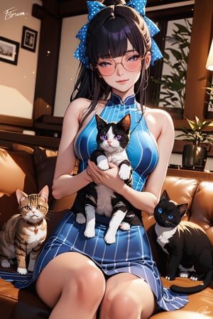 ((masterpiece, best quality, highres:1.2)), UHD, ultra-detailed, 2.5D, semi-realistic, perfect face, more detail XL, looking at viewer, eternum style, 1girl, solo, long hair, breasts, looking at viewer, blush, smile, bangs, black hair, dress, ribbon, holding, bare shoulders, medium breasts, sitting, closed mouth, purple eyes, hair ribbon, ponytail, one eye closed, glasses, sleeveless, striped, indoors, signature, mole, blurry, bare arms, mole under eye, sleeveless dress, depth of field, blurry background, blue dress, animal, cat, polka dot, blue ribbon, couch, vertical stripes, round eyewear, bench, striped dress, holding animal, vertical-striped dress, holding cat, yellow-framed eyewear, polka dot dress, polka dot ribbon,niji6