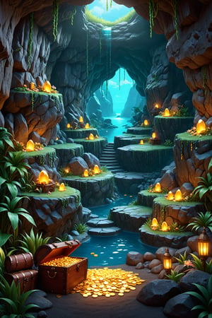 Create a high-quality, 3D rendered background for a slot game with a mystical cave filled with treasures. The cave should be dark and mysterious, with glittering gold coins, precious gems, and treasure chests scattered around. The walls of the cave should have rugged textures, and the lighting should create a magical and adventurous atmosphere. Ensure the background is vibrant and detailed, with high saturation and rich colors to make the treasures stand out. The overall feel should be exciting and enticing, suitable for a slot game theme.
