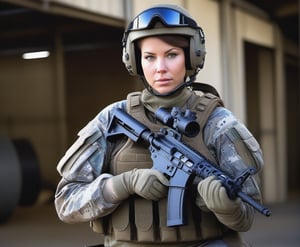  Portrait of woman special force soldier,best quality, ultra high res, Highly detailed,
165cm height, 50KG weight,
((deep backgound is attack helicopter, helicopter gunship, aircraft hangar, airport, airplane, fighter, pilots)):1.5,
((she is staying with military robotics, metal artillery shell, bullets, flash bomb, shock bomb, artillery, Ammunition Depot)):1.5,
(smirk:1.1), short hair, gray camouflageite hood, gray camouflageite cloak, light armor,
big hazel eyes, beautiful detailed eyes,serious expression,face highlight, detailed face,
Broad lighting,Aperture-priority,Bokeh,,
(holding weapon, aiming at viewer, assault rifle,left view), m4_carbine, carbine, open fire, firing,((tactical magazine:1.2)), tactical barrel, Lancer Tactical 2x optic scope,((tactical silencer:1.2)),(tactical shoulder stock),(tactical gun stock),:1.2,
looking at viewer,cinematic lighting, depth of field, lens flare, photon mapping, radiosity, physically-based rendering, pale skin,
she has some dust dirt on skin and clothes, parts,Hand guard, Shoulder brace,Elbow guard, Wristlet,Leggings,tactics trousers,tactics watch,photo realistic