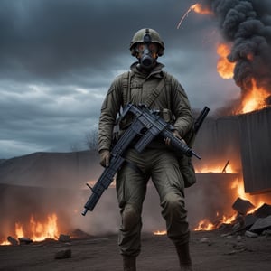 Modern Soldier of a ger with a gas mask (running on the battlefield), (carrying a modern assault rifle)craters, corpses, explosions, (red and white flag), artillery, explosions, smoke, dirt, dark skies, Frostbite,Barbed wire, Dank, Stench of decay,Acrid taste,Screams, Discordant, Numbness,Disillusionment, Radial balance, Triadic, in the style of dark, ultra detailed, intricate, surrealism