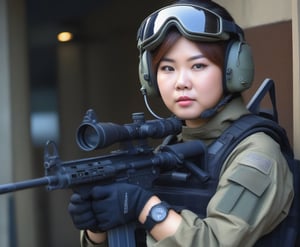  Portrait of Asian chubby woman special force soldier,best quality, ultra high res, Highly detailed,
165cm height, 50KG weight,
((deep backgound is attack helicopter, helicopter gunship, aircraft hangar, airport, airplane, fighter, pilots)):1.5,
((she is staying with military robotics, metal artillery shell, bullets, flash bomb, shock bomb, artillery, Ammunition Depot)):1.5,
(smirk:1.1), short hair, gray camouflageite hood, gray camouflageite cloak, light armor,
big hazel eyes, beautiful detailed eyes,serious expression,face highlight, detailed face,
Broad lighting,Aperture-priority,Bokeh,,
(holding weapon, aiming at viewer, assault rifle,left view), m4_carbine, carbine, open fire, firing,((tactical magazine:1.2)), tactical barrel, Lancer Tactical 2x optic scope,((tactical silencer:1.2)),(tactical shoulder stock),(tactical gun stock),:1.2,
looking at viewer,cinematic lighting, depth of field, lens flare, photon mapping, radiosity, physically-based rendering, pale skin,
she has some dust dirt on skin and clothes, parts,Hand guard, Shoulder brace,Elbow guard, Wristlet,Leggings,tactics trousers,tactics watch,photo realistic