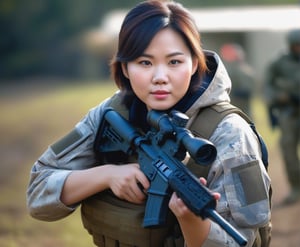  Portrait of Asian chubby woman special force soldier, shoot with Canon 1000mm, F11, best quality, ultra high res, Highly detailed, face detailed, all detailed
((deep backgound is attack helicopter, helicopter gunship, aircraft hangar, airport, airplane, fighter, pilots)):1.5,
((she is staying with flash bomb, shock bomb, artillery, Ammunition Depot)):1.5,
(smirk:1.1), short hair, gray camouflageite hood, gray camouflageite cloak, light armor,
big hazel eyes, beautiful detailed eyes,serious expression,face highlight, detailed face,
Broad lighting,Aperture-priority,Bokeh,,
(holding weapon, aiming at viewer, assault rifle,left view), m4_carbine, carbine, open fire, firing,((tactical magazine:1.2)), tactical barrel, Lancer Tactical 2x optic scope,((tactical silencer:1.2)),(tactical shoulder stock),(tactical gun stock),:1.2,
looking at viewer,cinematic lighting, depth of field, lens flare, photon mapping, radiosity, physically-based rendering, pale skin,
she has some dust dirt on skin and clothes, parts,Hand guard, Shoulder brace,Elbow guard, Wristlet,Leggings,tactics trousers,tactics watch,photo realistic