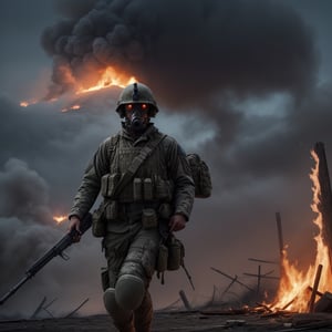 Portrait of single Modern Soldier of a ger with a gas mask (running on the fire battlefield), (carrying a modern assault rifle M16)craters, corpses, explosions, (red and white flag), artillery, explosions, smoke, dirt, dark skies, Frostbite,Barbed wire, Dank, Stench of decay,Acrid taste,Screams, Discordant, Numbness,Disillusionment, Radial balance, Triadic, in the style of dark, ultra detailed, intricate, surrealism