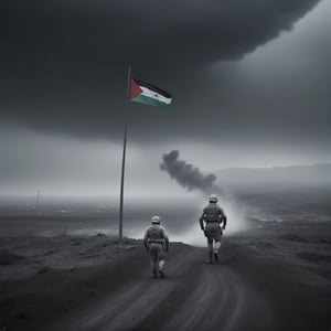 A dramatic  of tconflict between Palestine and Israel, (perfectly Palestine flag), hammas Soldier,focusing on the hope for peace amidst tensions. Depict key elements such as clashes, diplomatic obstacles, conflict-atmospheric composition, craters,  corpses,  explosions, artillery,  explosions,  smoke,  dirt,  dark skies,  Frostbite, Barbed wire,  Dank,  Stench of decay, Acrid taste, Screams,  Discordant,  Numbness, Disillusionment,  Radial balance,  Triadic,  in the style of dark,  (ultra detailed),  intricate,  (surrealism),photo r3al,cyborg style,Movie Still,Film Still