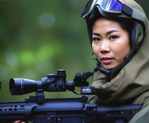  Portrait of Asian Javanese woman special force soldier, shoot with Canon 100mm, F11, best quality, ultra high res, Highly detailed, face detailed, all detailed, detailed finger,
((deep backgound is attack helicopter, helicopter gunship, aircraft hangar, airport, airplane, fighter, pilots)):1.5, (Spetsnaz camouflage)
(smirk:1.1), short hair, gray camouflageite hood, gray camouflageite cloak, light armor,
big hazel eyes, beautiful detailed eyes,serious expression,face highlight, detailed face,
Broad lighting,Aperture-priority,Bokeh,,
(holding weapon, aiming at viewer, assault rifle,left view), m4_carbine, carbine, open fire, firing,((tactical magazine:1.2)), tactical barrel, Lancer Tactical 2x optic scope,((tactical silencer:1.2)),(tactical shoulder stock),(tactical gun stock),:1.2,
looking at viewer,cinematic lighting, depth of field, lens flare, photon mapping, radiosity, physically-based rendering, pale skin,
she has some dust dirt on skin and clothes, parts,Hand guard, Shoulder brace,Elbow guard, Wristlet,Leggings,tactics trousers,tactics watch,photo realistic