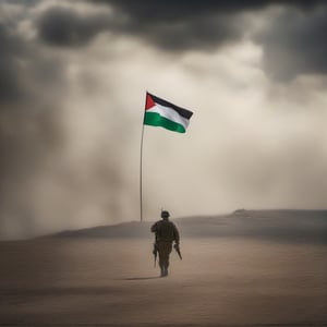 A dramatic  of tconflict between Palestine and Israel, (perfectly Palestine flag), hammas Soldier,focusing on the hope for peace amidst tensions. Depict key elements such as clashes, diplomatic obstacles, and symbols of peace in a powerful, conflict-atmospheric composition.,Movie Still,photo r3al