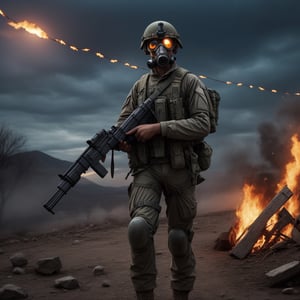 Modern Soldier of a ger with a gas mask (running on the battlefield), craters, corpses, explosions, (red and white flag), artillery, explosions, smoke, dirt, dark skies, Frostbite,Barbed wire, Dank, Stench of decay,Acrid taste,Screams, Discordant, Numbness,Disillusionment, Radial balance, Triadic, in the style of dark, ultra detailed, intricate, surrealism