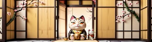 Japanese style, 3d rendering,disney style, no Human, only background, Create a cozy ambiance with warm yellow hues, featuring a traditional Japanese Maneki-neko (beckoning cat) amidst geometric patterns inspired by Japanese design. Incorporate elements like cherry blossoms or bamboo to enhance the Japanese aesthetic.