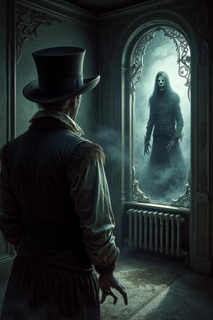 A confused guy in victorian era clothes looking at window on eerie hallway, a spectral phantom figure looking back at him opposote side of the window,Spooky  Art Drawing,creepyandscaryconcept