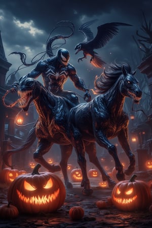 (2 animal venom), duo, a big venom horse racing side by side beside flying big venom bird on jack-o-lanterns filled cemetery,  looking at camera  ,  extremely dynamic    pumpkins  sculptural  neon glowing contoured filigree detailed marvel venom character hologram perspective digital comic syle artistic masterpiece portrait   cinematic , transparence intricated lighting, dynamic shadow play sparks , high deepness cinematic