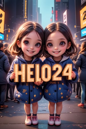 Two cute girl partying on the New Year Eve in New York Times Square, Crowds below text "HELLO 2024", 2girl, pair , 2024, correct english text, ultradetail, perfect faces,  masterpiece, best quality,AiArtV,<lora:659095807385103906:1.0>