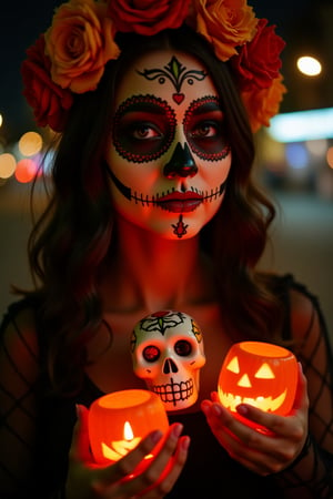 A close up of a lady holding a small skull,portrait shot of a catrina woman in a street at night, candles, 2 small jack-o-lantern,halloween makeup,dia de los muertos