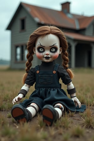 an evil looking doll sitting in a field in front of a old rusted farmhouse, annabelle inspired, doll joints, one arm hanging out of shoulder socket, glowing eyes, black mascara running down from doll eyes, scary, creepy, horror, gothic outfit, ponytail hair, full body, long shot, rust, grass, dust, highly detailed, detailed background