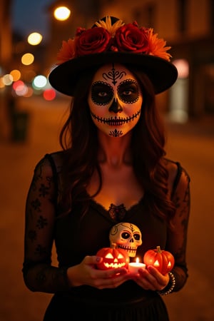 A close up of a lady holding a small skull,portrait shot of a catrina woman in a street at night, candles, 2 small jack-o-lantern,halloween makeup,dia de los muertos