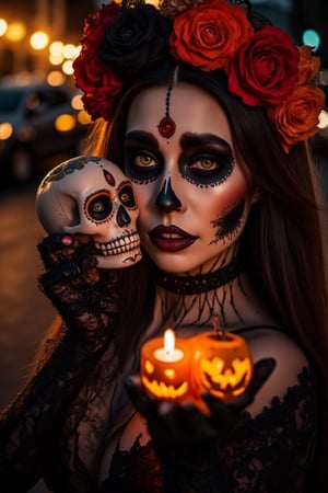 A close up of a lady holding a small skull,portrait shot of a catrina woman in a street at night, candles, 2 small jack-o-lantern,halloween makeup,dia de los muertos,Halloween Facepaint