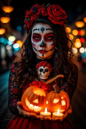 A close up of a lady holding a small skull,portrait shot of a catrina woman in a street at night, candles, 2 small jack-o-lantern,halloween makeup,dia de los muertos,Halloween Facepaint