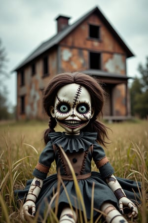 an evil looking doll sitting in a field in front of a old rusted farmhouse, short doll size, doll joints, one arm hanging out of shoulder socket, glowing eyes, black mascara running down from doll eyes, scary, creepy, horror, gothic outfit, ponytail hair, full body, long shot, rust, grass, dust, highly detailed, detailed background