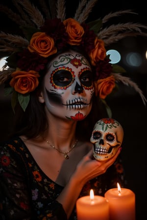 A close up of a lady holding a small skull,portrait shot of a catrina woman in a street at night, candles, 2 small jack-o-lantern,halloween makeup,dia de los muertos