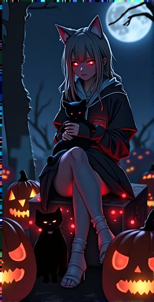 Anime style, Cute woman in graveyard playing with a black cat, full body, glowing red eyes, Halloween, scary jack-o'-lanterns all around,night time